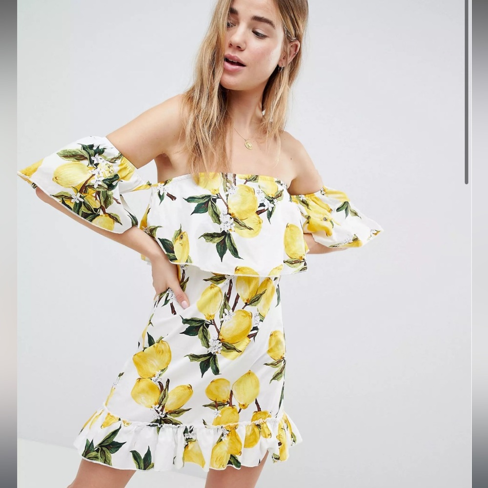 ASOS Parisian Lemon Print Off Shoulder Ruffle Dress